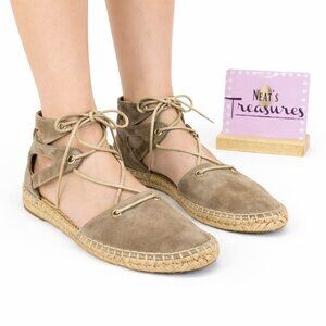 Maiden Lane GILT  Beige Suede Leather Espadrille Lace Up Flat Shoe Sz 6.5 EU 37